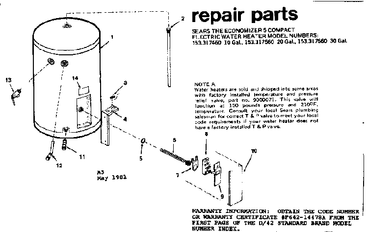 Replacement Parts Diagram and Parts List for 153317460  Kenmore Water Heater