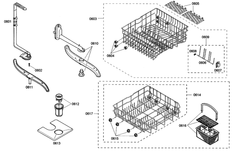 Baskets Diagram and Parts List for SHE43M02UC 46 Bosch Dishwasher