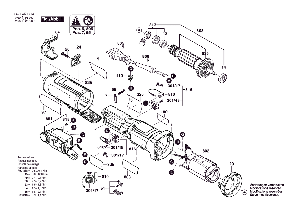 Figure 1 Diagram and Parts List for 3601GD1A10 GWS12-450PBD Bosch Angle Grinder