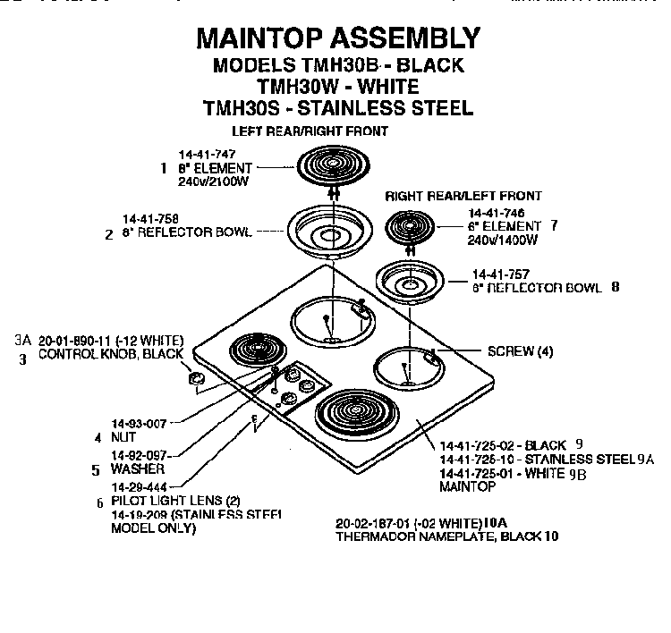 Section 5 Diagram and Parts List for THM30S  Thermador Cooktop