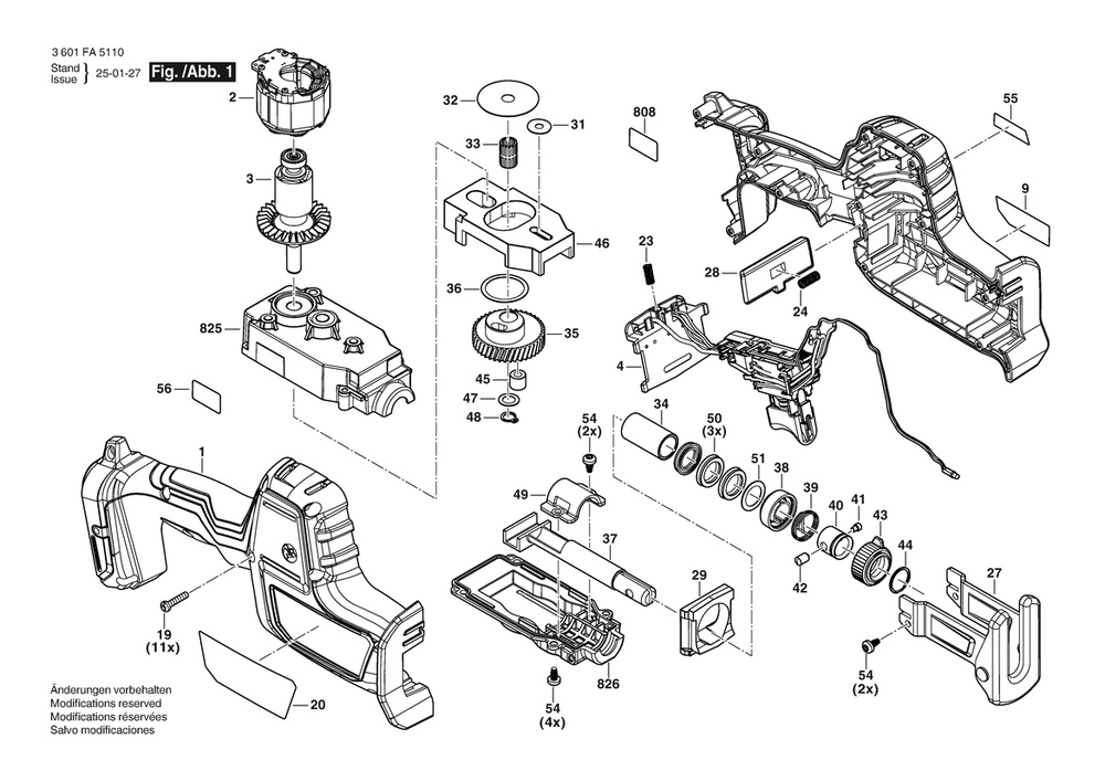 Section 1 Diagram and Parts List for 3601FA5110  Bosch Reciprocating Saw