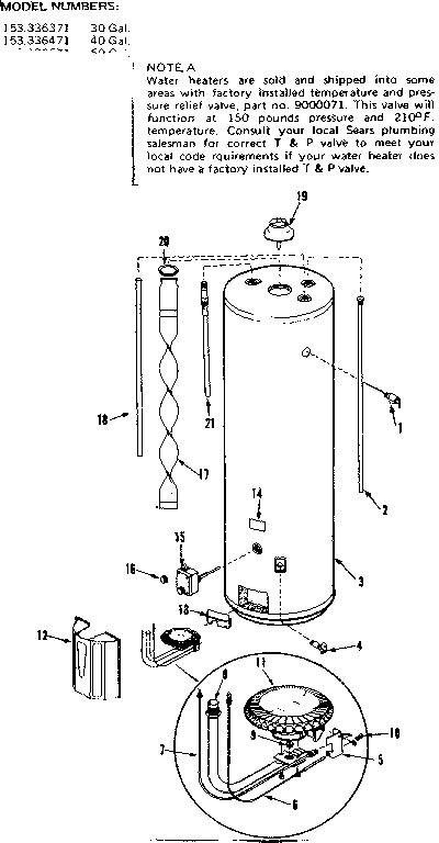 Replacement Parts Diagram and Parts List for 153336571  Kenmore Water Heater