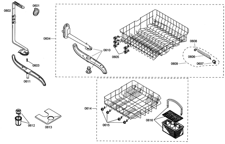 Baskets Diagram and Parts List for SHE42L12UC 36 Bosch Dishwasher