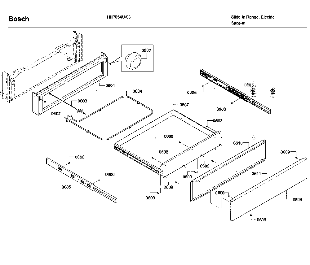 Drawer Diagram and Parts List for HIIP054U 03 Bosch Range