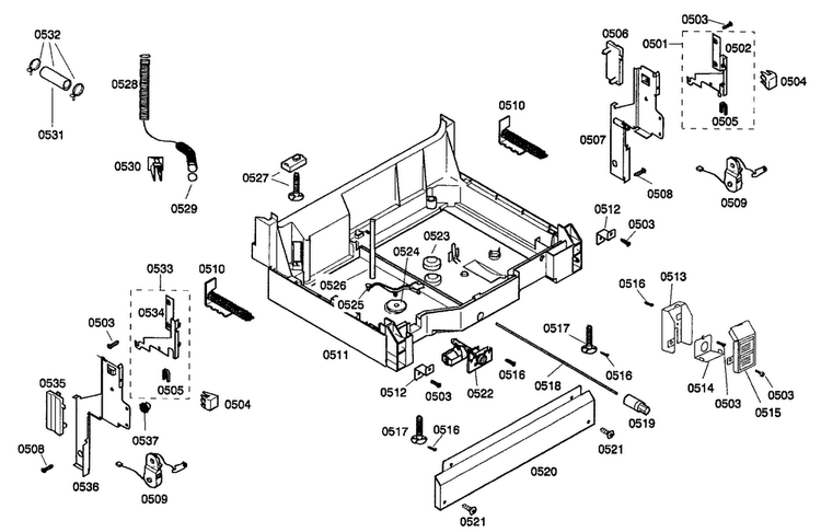Base Assy Diagram and Parts List for SHE44C05UC 22 Bosch Dishwasher
