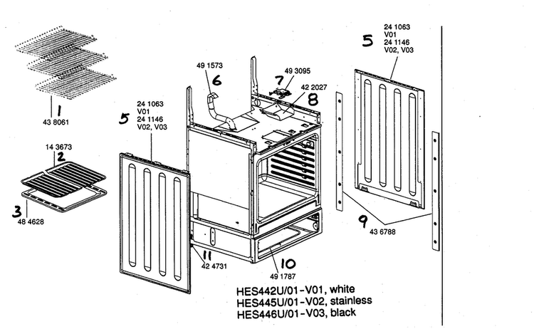 Range Paneling Shelving Diagram and Parts List for HES442U 01 Bosch Range