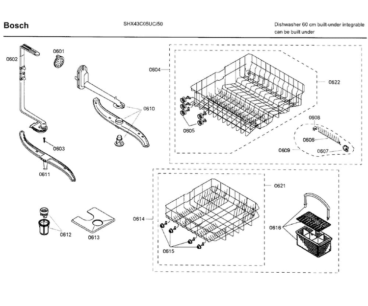 Baskets Diagram and Parts List for SHX43C05UC 50 Bosch Dishwasher