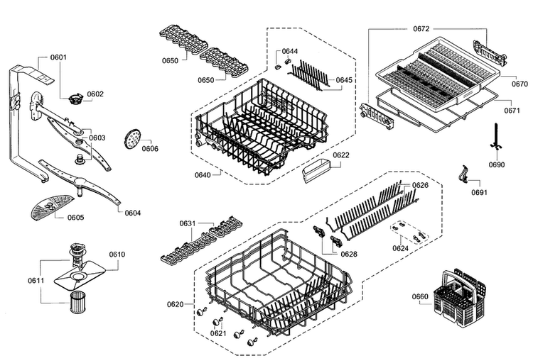 Rack Diagram and Parts List for SGE68U55UC 93 Bosch Dishwasher