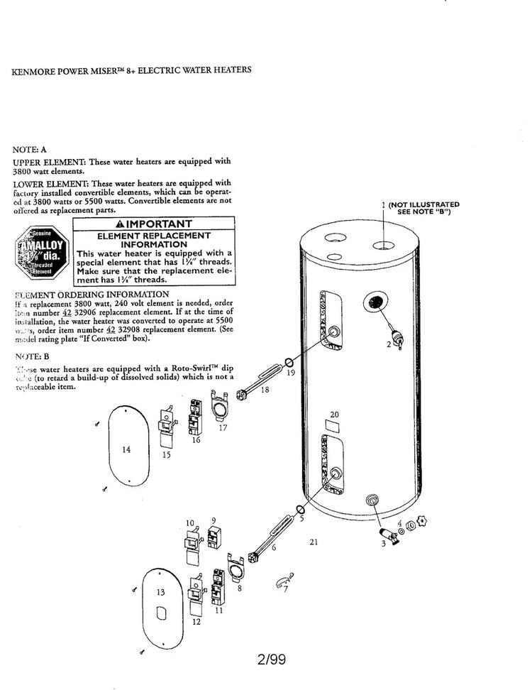 Power Miser 30/40/50/66/82 Gal. Diagram and Parts List for 153327663  Kenmore Water Heater
