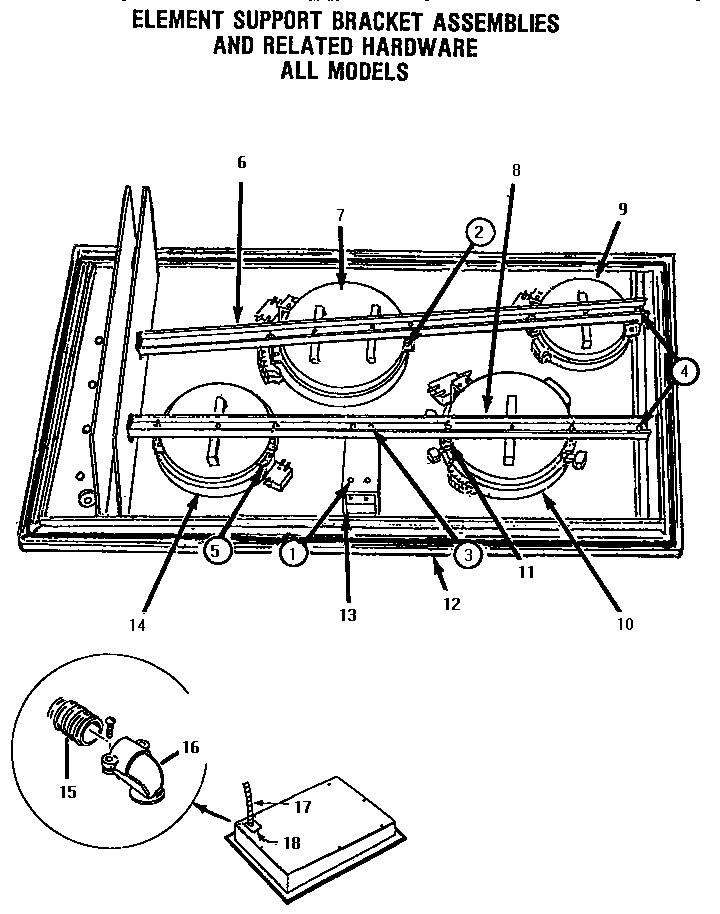Element Support Bracket Assemblies Diagram and Parts List for CHCV30  Thermador Cooktop