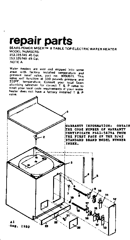 8 Table Top Electric Water Heater Diagram and Parts List for 153315740  Kenmore Water Heater