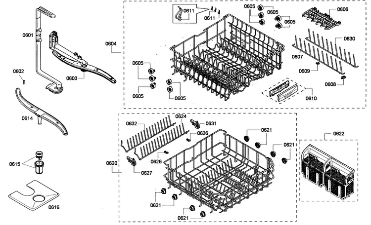 Baskets Assy Diagram and Parts List for SHE55P02UC 53 Bosch Dishwasher