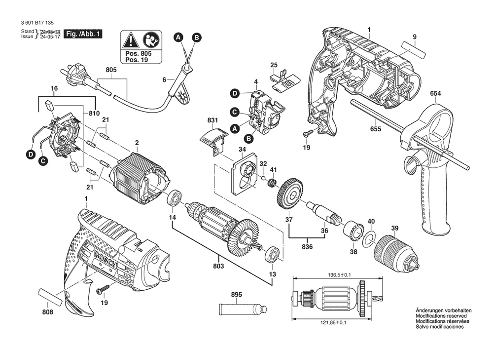 Section 1 Diagram and Parts List for GSB13RE 3601B17163 Bosch Hammer Drill