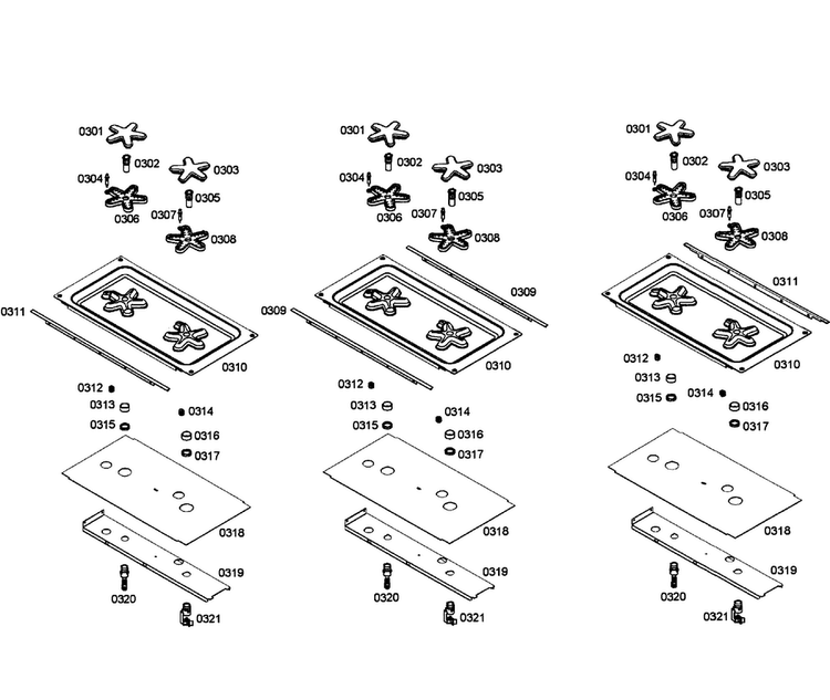 Burners Assy Diagram and Parts List for PD366BS 12 Thermador Range