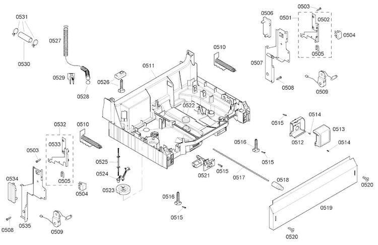 Base Assy Diagram and Parts List for SHE43C06UC 36 Bosch Dishwasher