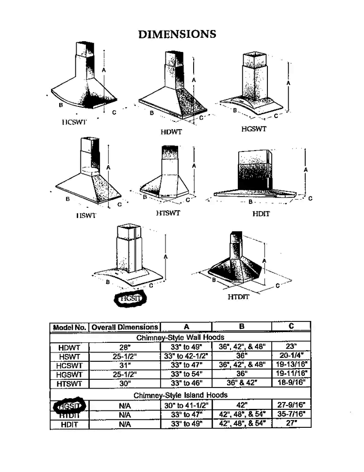 Dimensions Diagram and Parts List for HGSI  Thermador Range Hood
