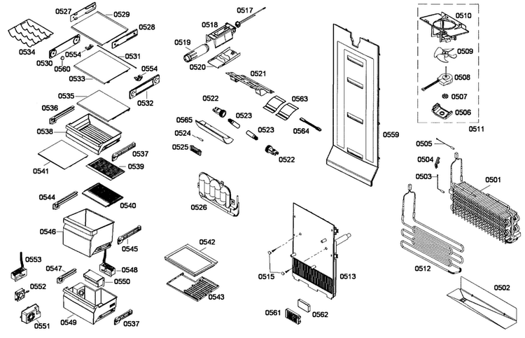 Refrig Assy Diagram and Parts List for B22CS50SNW 01 Bosch Refrigerator