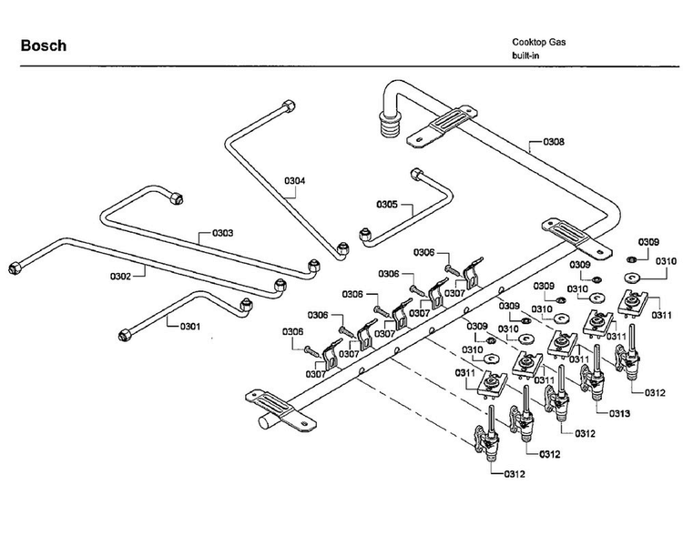 Manifold Diagram and Parts List for NGM8654UC 04 Bosch Cooktop