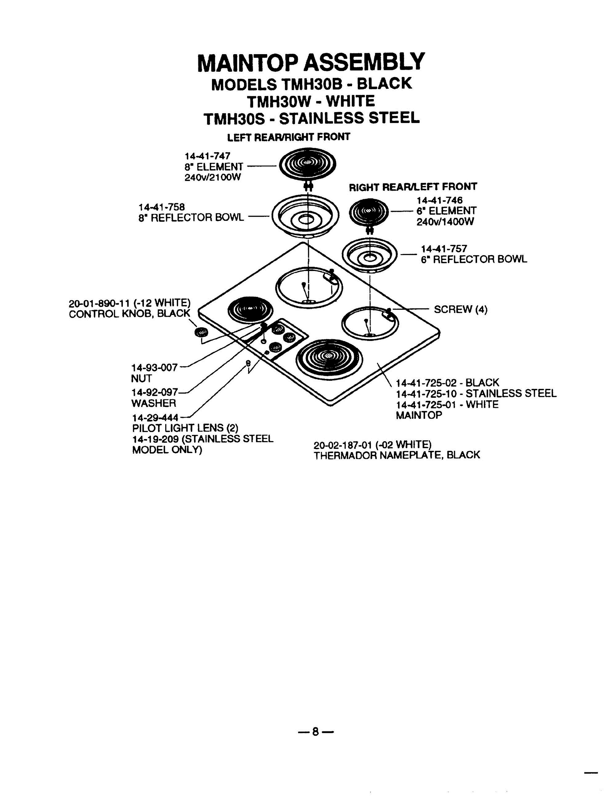 08 - MAINTOP ASSY - TMH30 Diagram and Parts List for TMH30S  Bosch Range