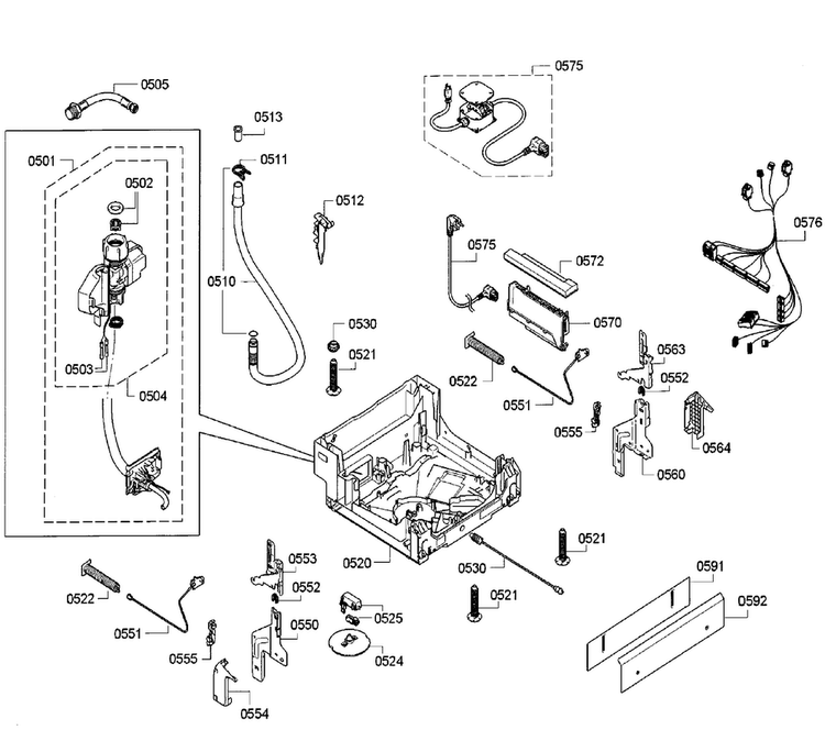 Base Assy Diagram and Parts List for SPE53U56UC 26 Bosch Dishwasher