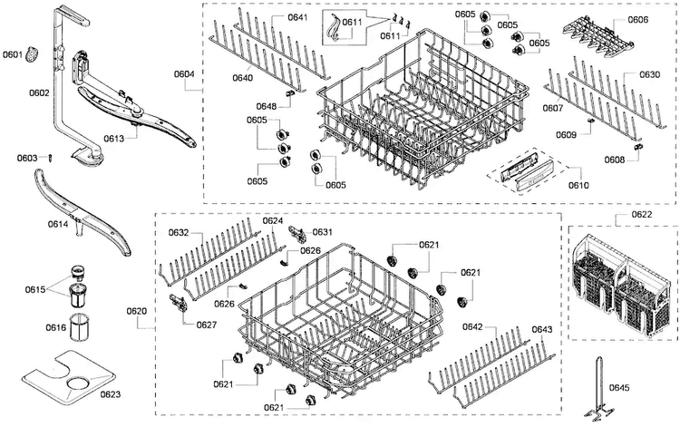 Baskets Assy Diagram and Parts List for SHE68P06UC 53 Bosch Dishwasher