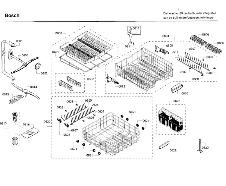Rack Diagram and Parts List for SHV68TL3UC 01 Bosch Dishwasher