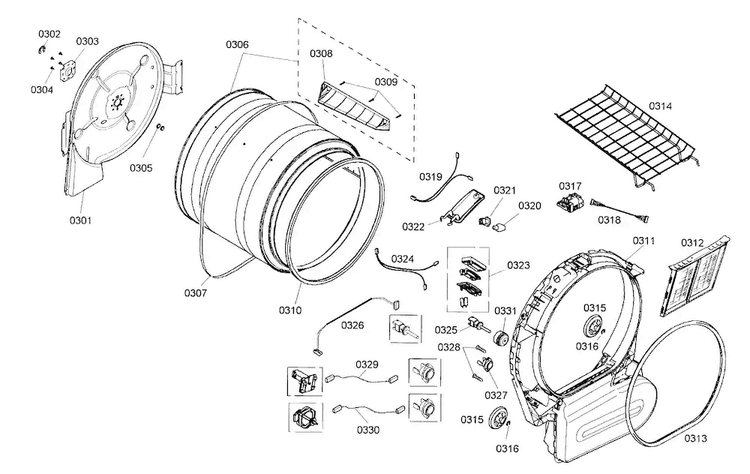Drum Assy Diagram and Parts List for WTMC8320US 05 Bosch Dryer