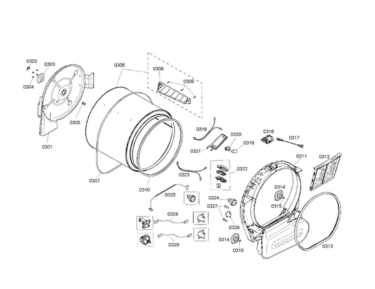 Drum Diagram and Parts List for WTMC3321US 03 Bosch Dryer