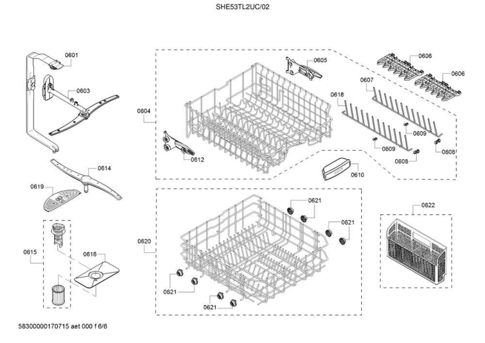 Spray Arms/Racks Diagram and Parts List for SHE53TL2UC 02 Bosch Dishwasher