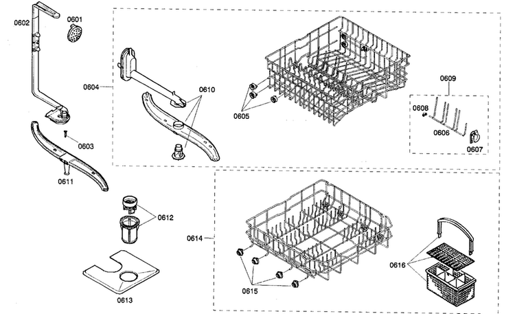 Basket Assy Diagram and Parts List for SHX33A06UC 21 Bosch Dishwasher