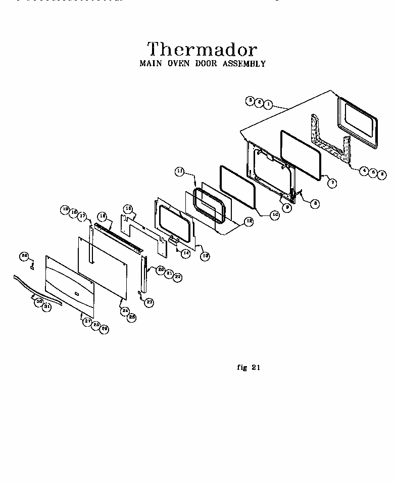 Main Oven Door Assembly Diagram and Parts List for RES30W 9708 & UP Thermador Range