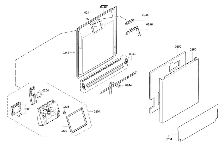 Door Diagram and Parts List for SHE9PT55UC 70 Bosch Dishwasher