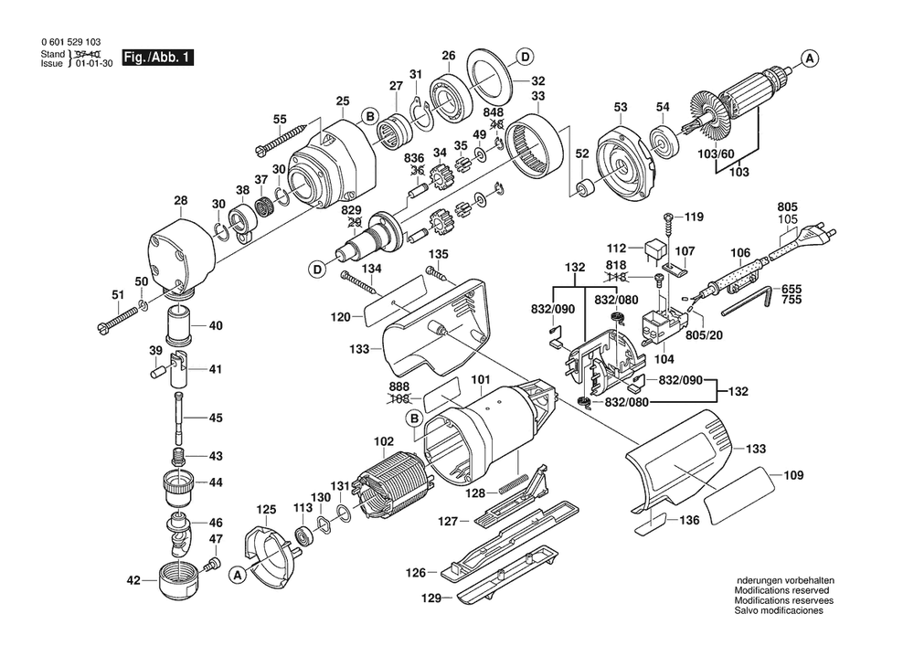 Section 1 Diagram and Parts List for 1529A 0601529139 Bosch Nibbler & Shears