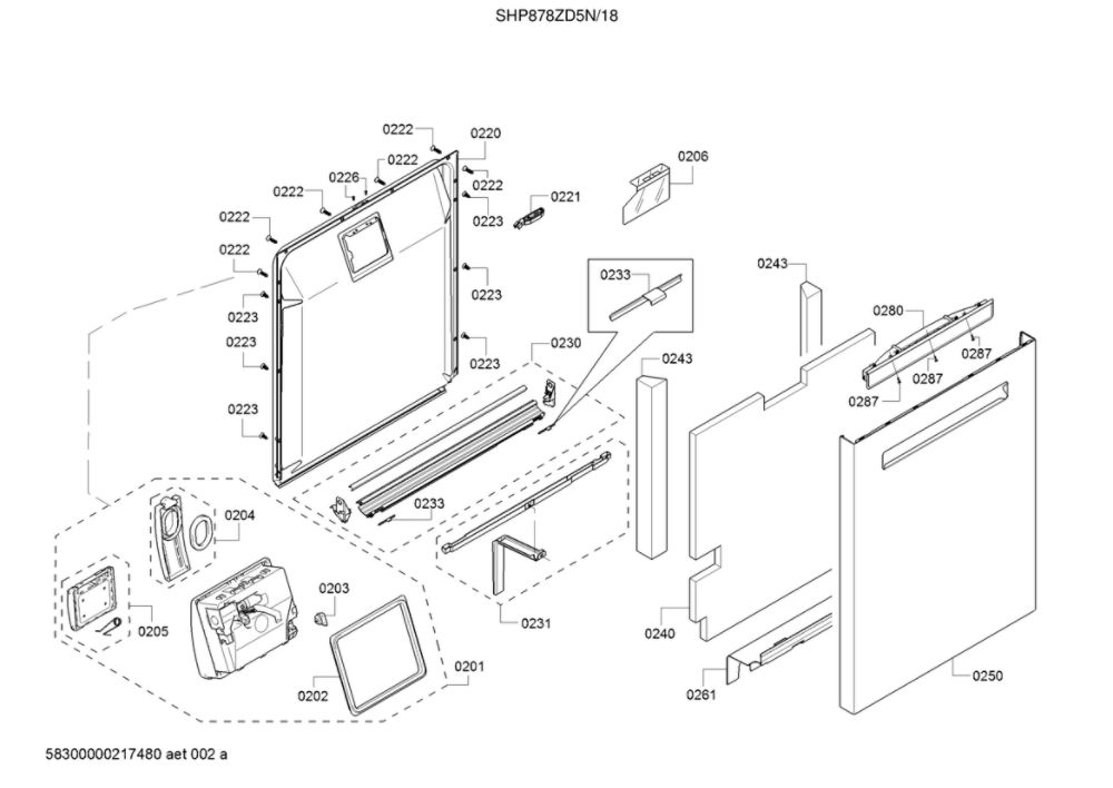 Door/Dispenser Diagram and Parts List for SHP878ZD5N 18 Bosch Dishwasher