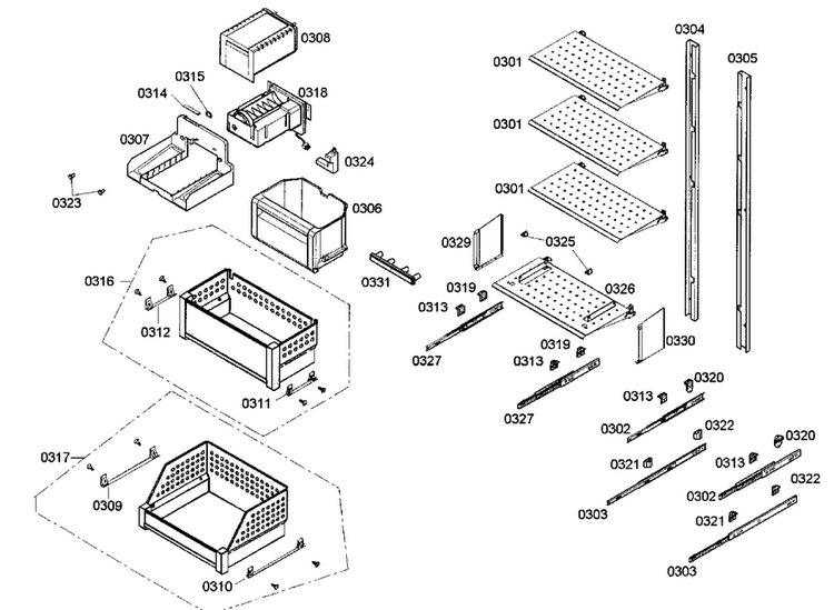 Drawers Assy Diagram and Parts List for B24IF70NSP 06 Bosch Freezer