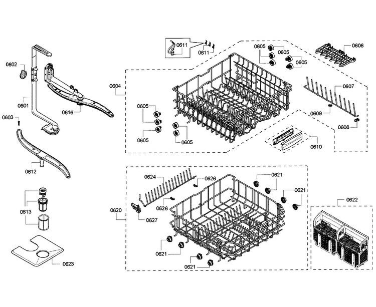 Baskets Diagram and Parts List for DWHD410HFM 64 Thermador Dishwasher