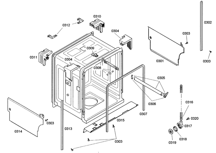 Cabinet Diagram and Parts List for SHE44C02UC 38 Bosch Dishwasher