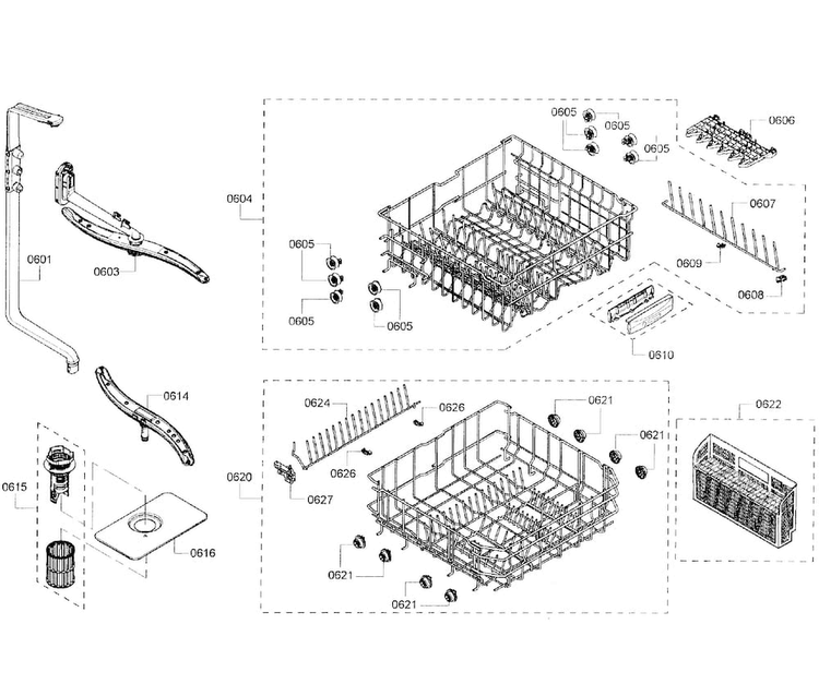 Baskets Diagram and Parts List for SHE3AR76UC 06 Bosch Dishwasher