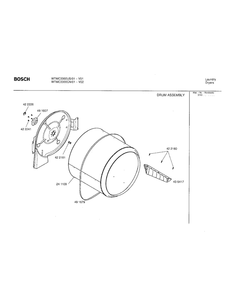Drum Assembly Diagram and Parts List for WTMC3300US 01 Bosch Dryer