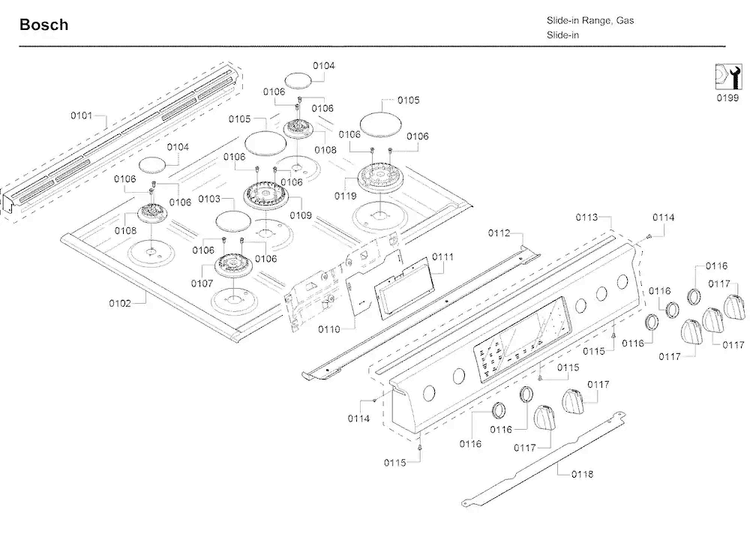 Control Panel & Burner Diagram and Parts List for HDI8054U 05 Bosch Range