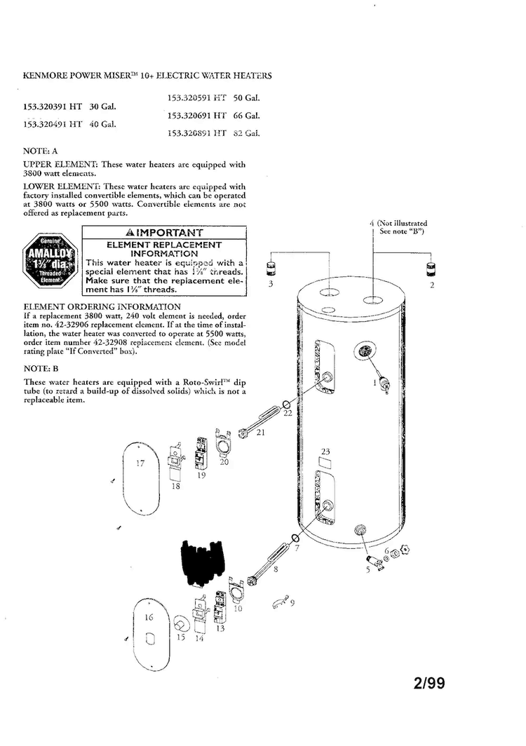 Power Miser 10+ 30/40/50/66/82 Gal. Diagram and Parts List for 153320891HT  Kenmore Water Heater