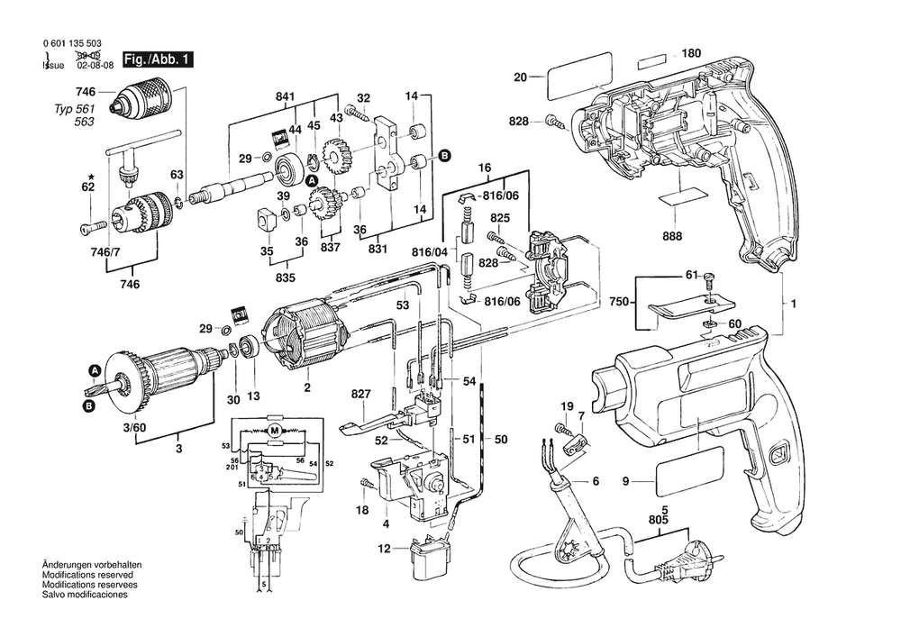 Section 1 Diagram and Parts List for GBM10RE 0601135538 Bosch Drill