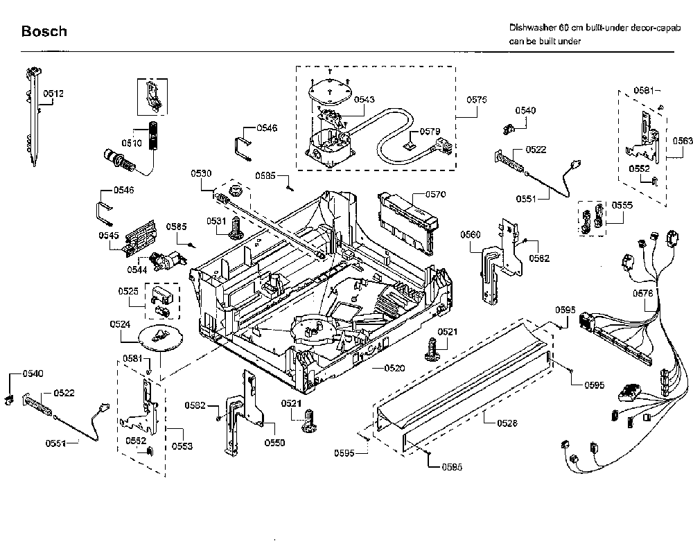 Base Diagram and Parts List for SHE89PW55N 01 Bosch Dishwasher