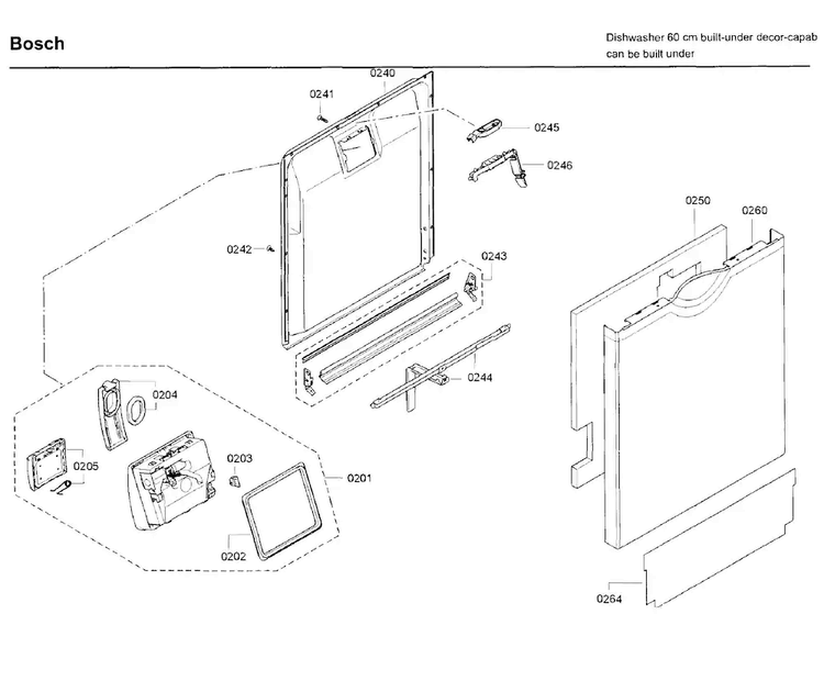 Door Diagram and Parts List for SGE68U55UC C9 Bosch Dishwasher