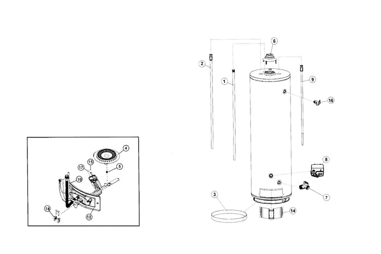Main Assy Diagram and Parts List for 153572400  Kenmore Water Heater