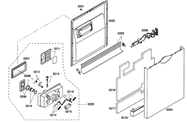 Door Assy Diagram and Parts List for SHE33P05UC 56 Bosch Dishwasher
