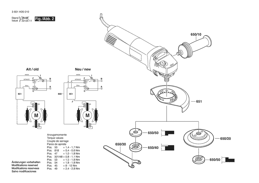 Section 2 Diagram and Parts List for 1803EVS 3601H26010 Bosch Angle Grinder