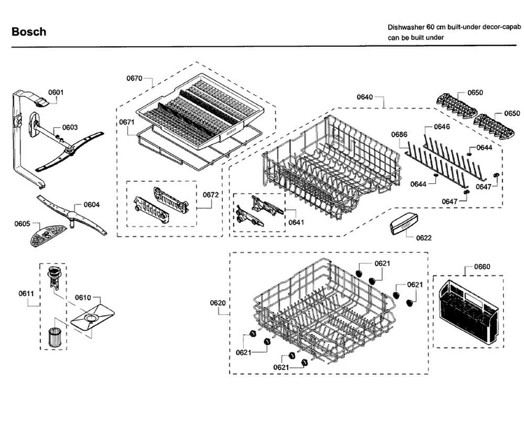 Rack Diagram and Parts List for SHE65T52UC 09 Bosch Dishwasher
