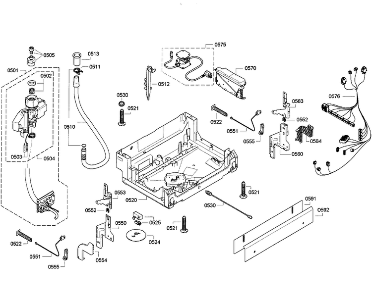 Base Assy Diagram and Parts List for SGE63E05UC 29 Bosch Dishwasher