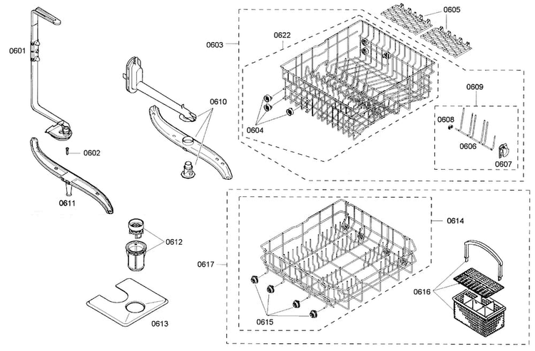 Baskets Diagram and Parts List for SHE43M05UC 50 Bosch Dishwasher
